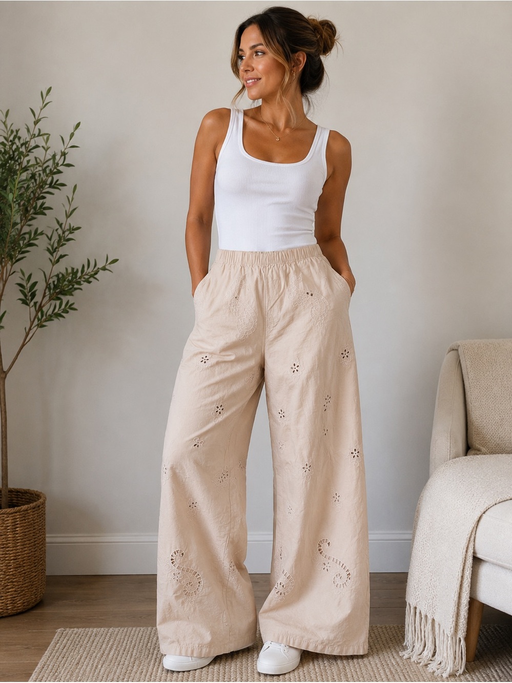 Zara Beige Eyelet Wide-Leg Linen-Blend Pants
